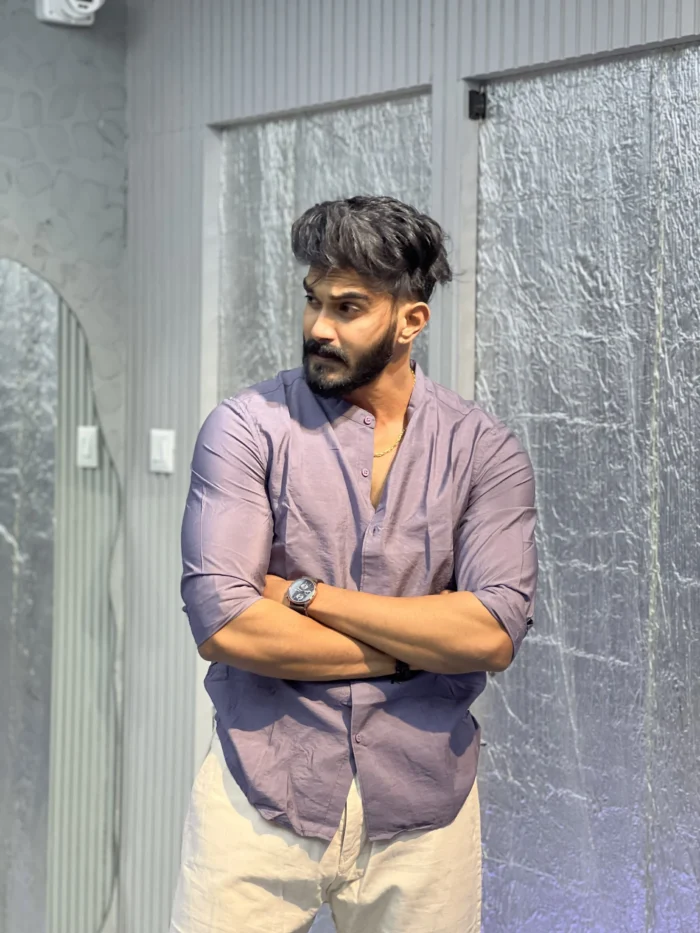 IMPORTED MANDARIN COLLAR  GREYISH purple shade