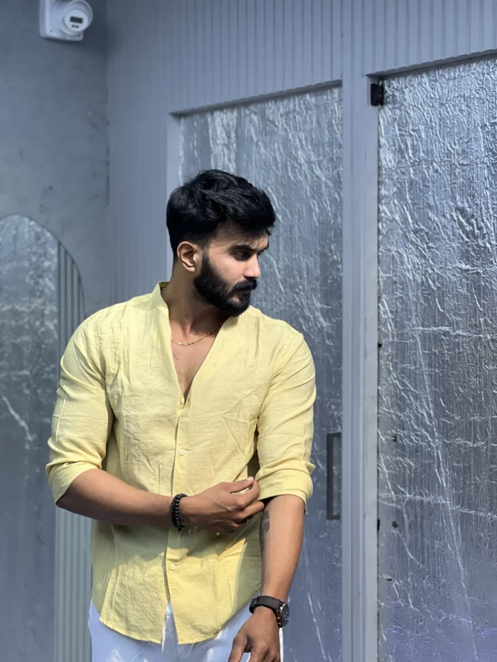 IMPORTED MANDARIN COLLAR  LEMON YELLOW SHIRT