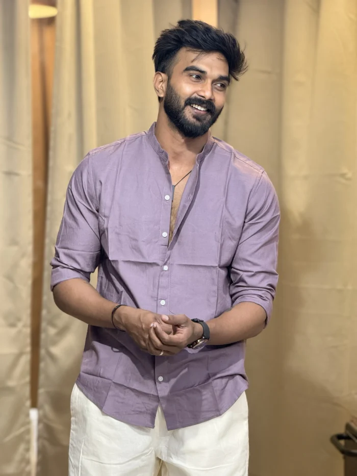 Linen blend mandarin collar