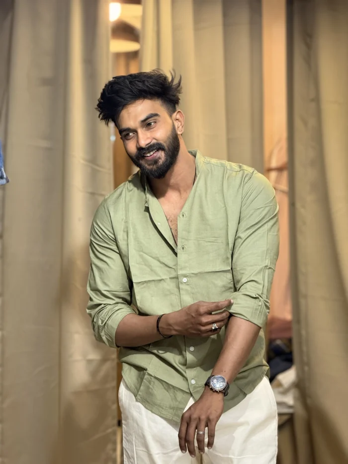 Linen blend mandarin collar