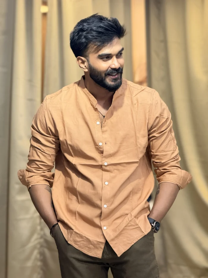 Linen blend mandarin collar