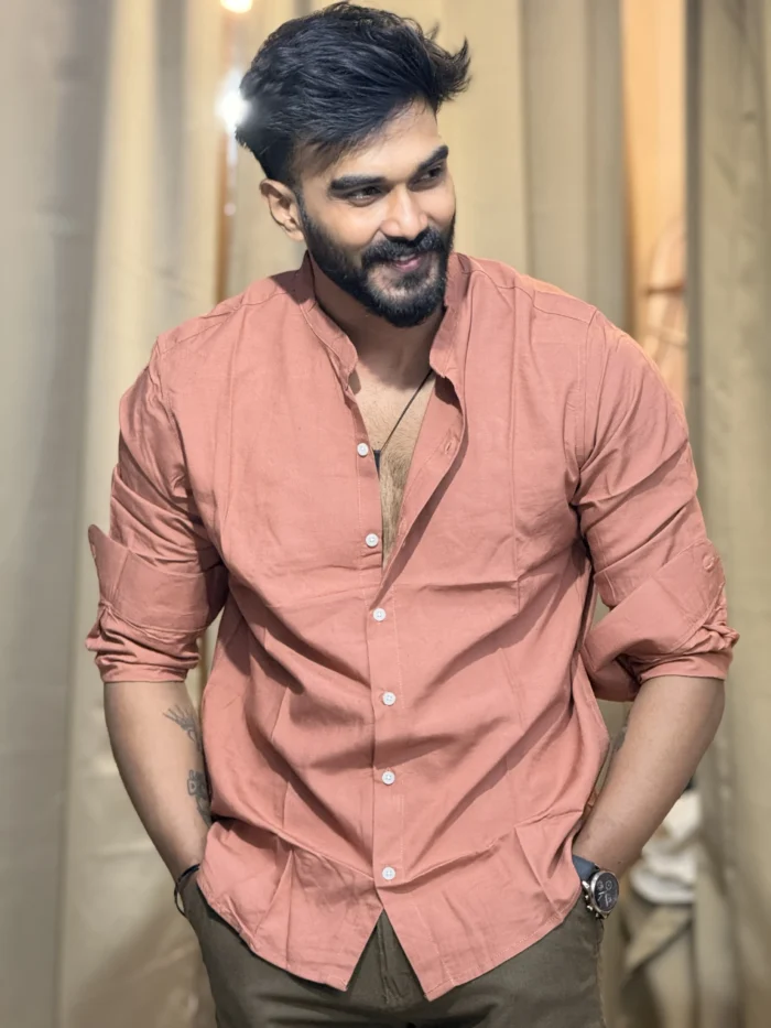 Linen blend mandarin collar